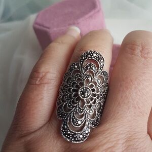 Swarovski Elements Black Crystal Marcasite Pave Vintage-look Filigree Ring NEW